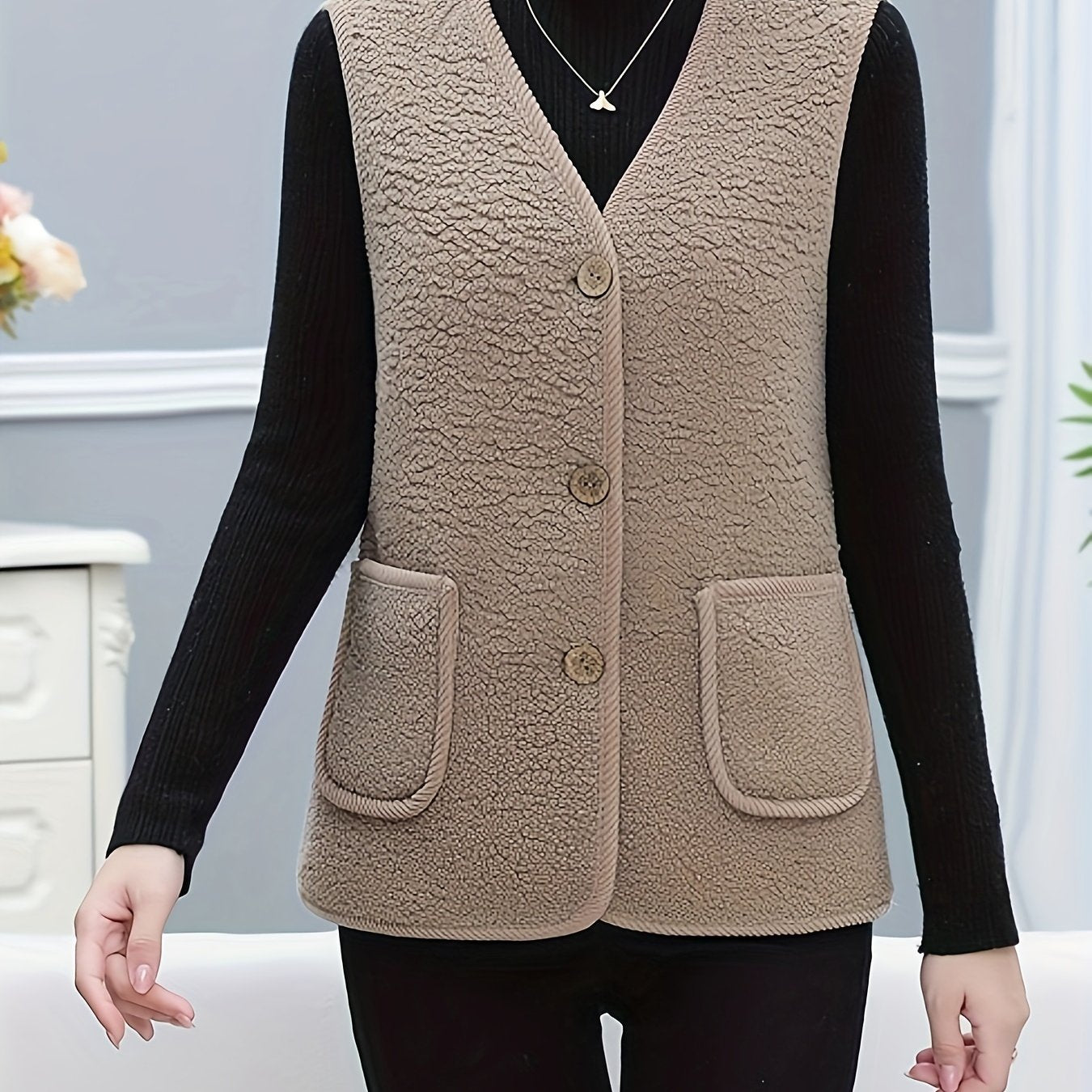Women's Fleece-Lined Vest with Pockets Casual Sleeveless Knit Polyester Solid