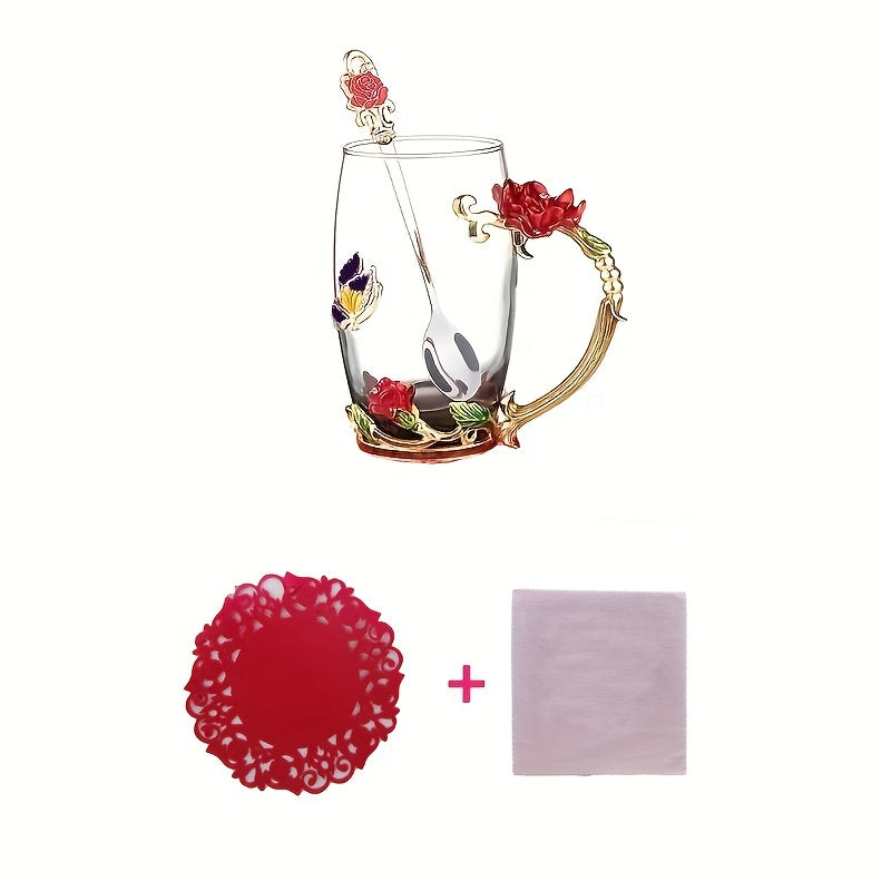 11.8oz Glass Tea Cup Set with Coaster and Spoon Elegant Flower Pattern for Coffee Water