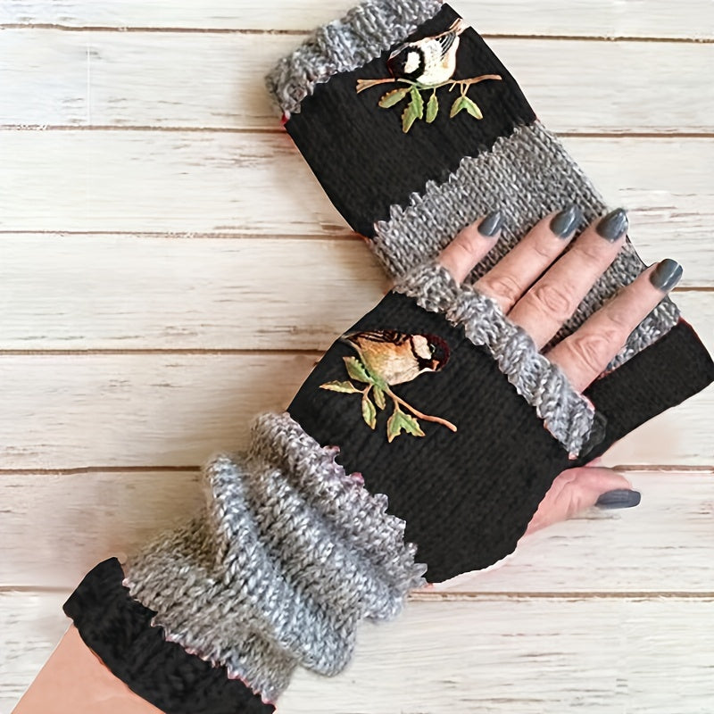 Warm Fingerless Gloves with Double Color Block Design and Hummingbird Embroidery