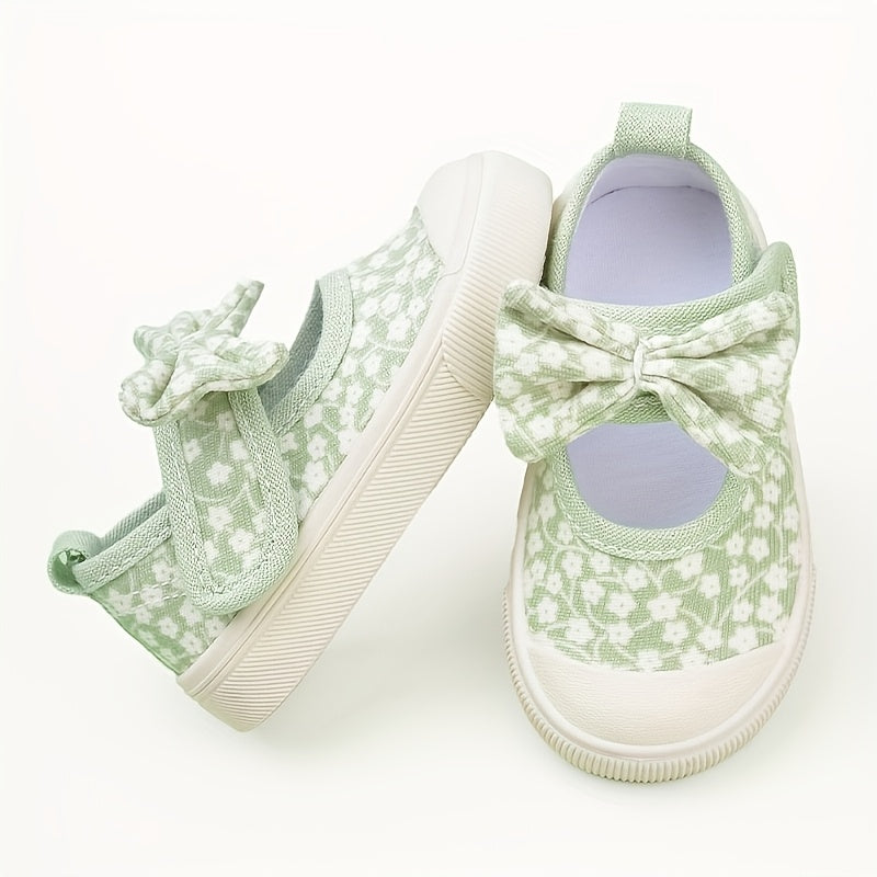Girls Floral Print Canvas Sneakers with Bow Detail Non-Slip TPR Sole for Casual Outdoor Wear