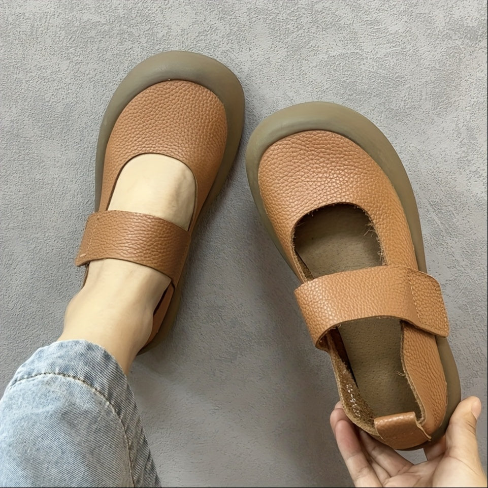 Women Leather Flat Shoes Breathable Slip-On Casual Brown All-Season