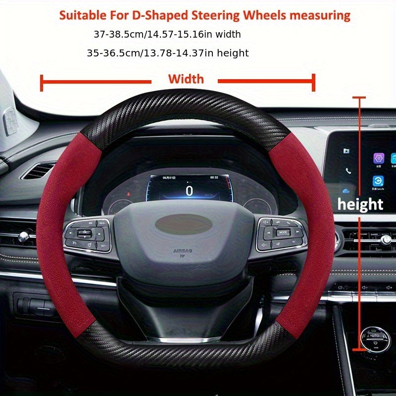 Car Steering Wheel Cover D-Shaped Carbon Fiber Texture Plush Fit 37-38.5cm