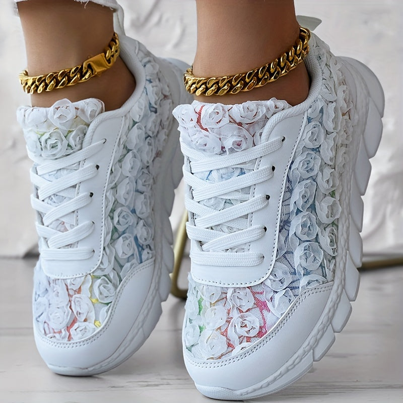 Ayollar uchun 3D Rose Lace-Up kundalik sport poyafzallari yengil, qulay oyoq kiyim