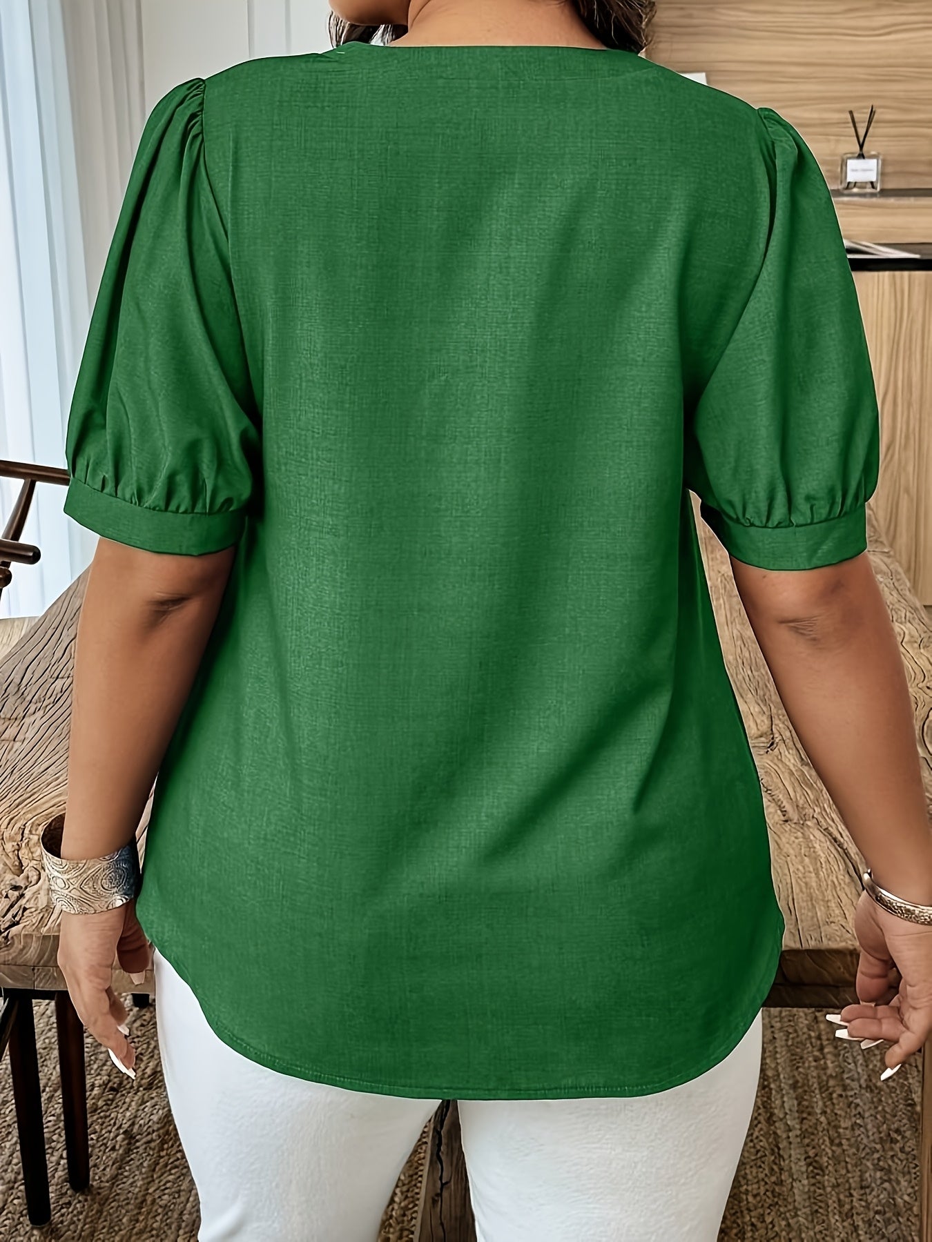 Plus Size Floral Embroidery Puff Sleeve Shirt Casual Summer Clothing