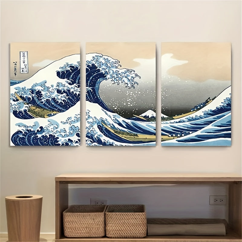 Set of 3 Japanese-Style Canvas Wall Art Posters Waves of Kanagawa Landscape Decor for Living Room Bedroom Office