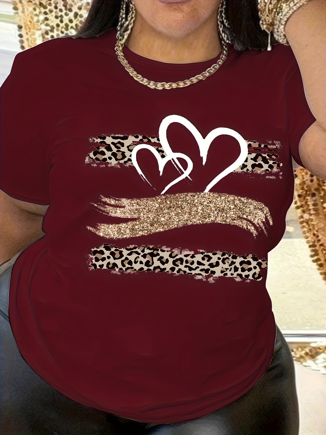 Plus Size Heart Print T-Shirt Women's Casual Short Sleeve Top