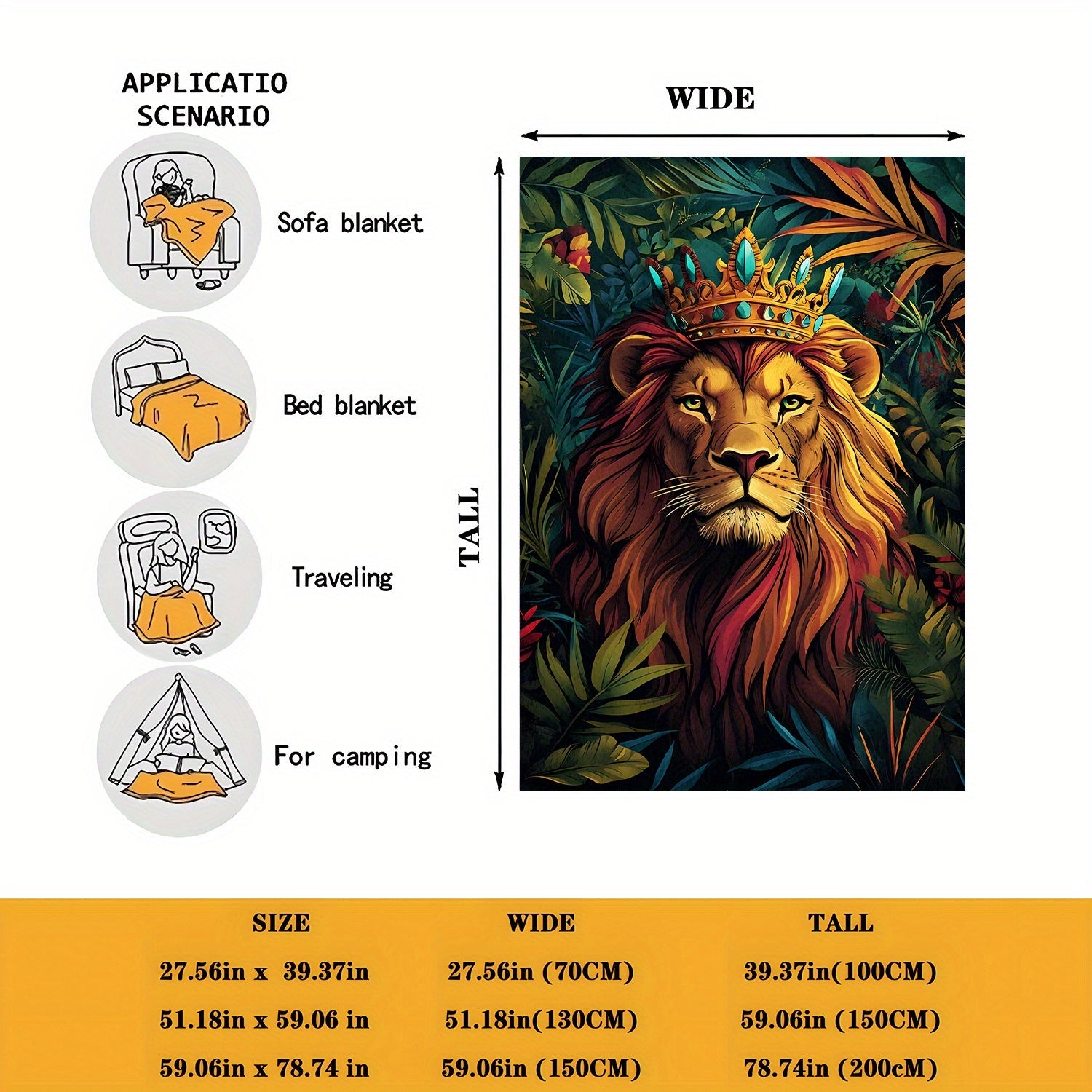 Contemporary Jungle Lion Print Flannel Blanket for Bed Sofa Car 200-250gsm
