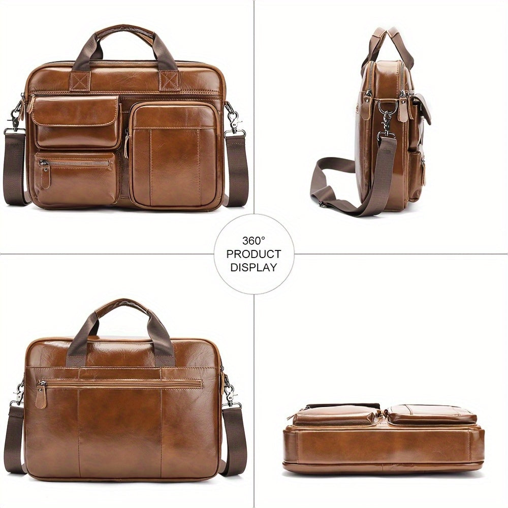 Maletín de negocios de cuero para hombre con compartimento para portátil y correa ajustable en marrón