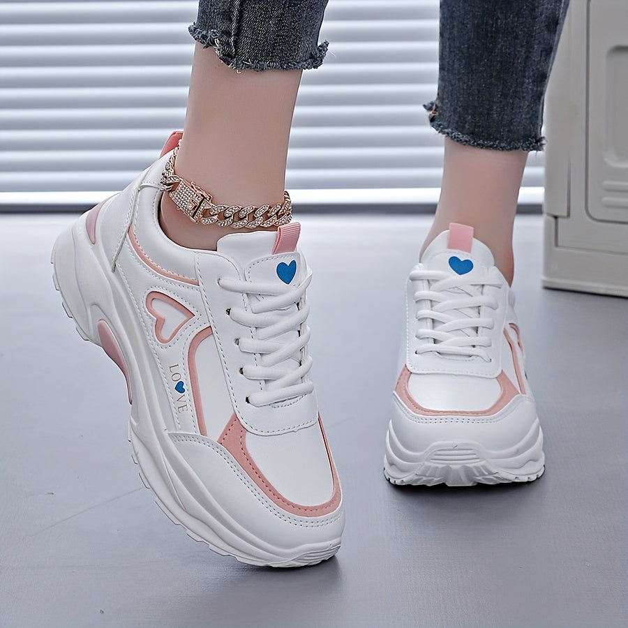 Women's White Sneakers with Black Accents Casual Running Shoes Thick Sole