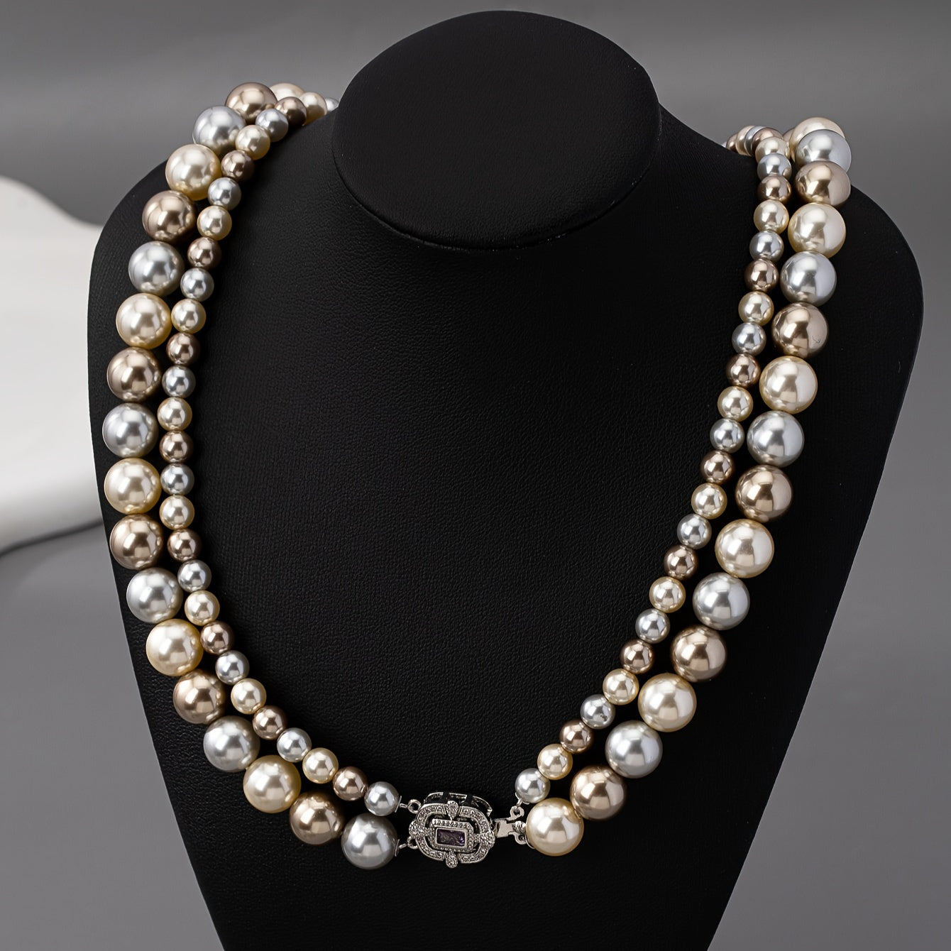 Double Strand Pearl Necklace with 22K Gold Plating and Zirconia Clasp for Weddings and Special Occasions