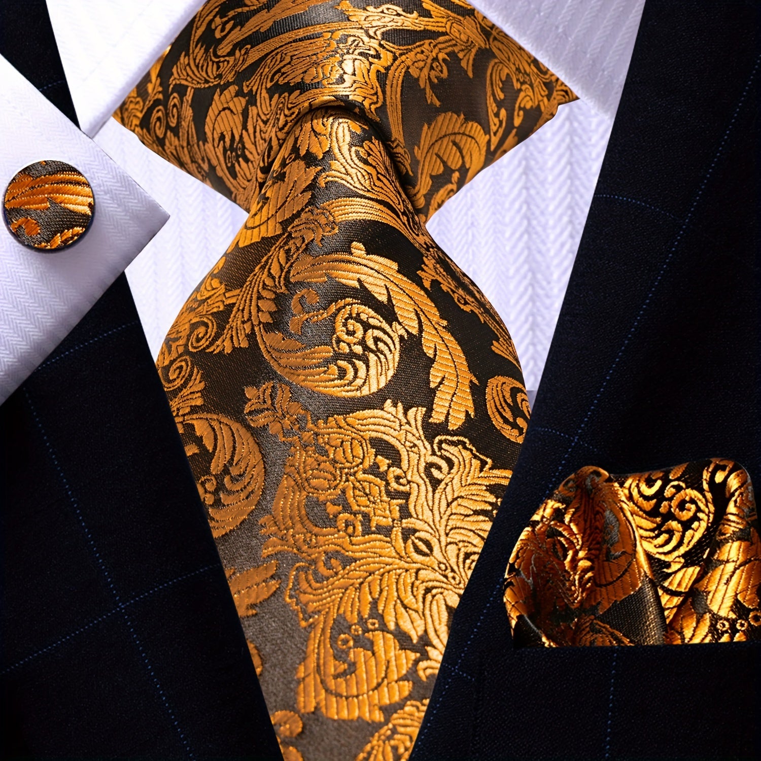Men's Gold Accessories Set Tie Pocket Square Cufflinks for Weddings Business