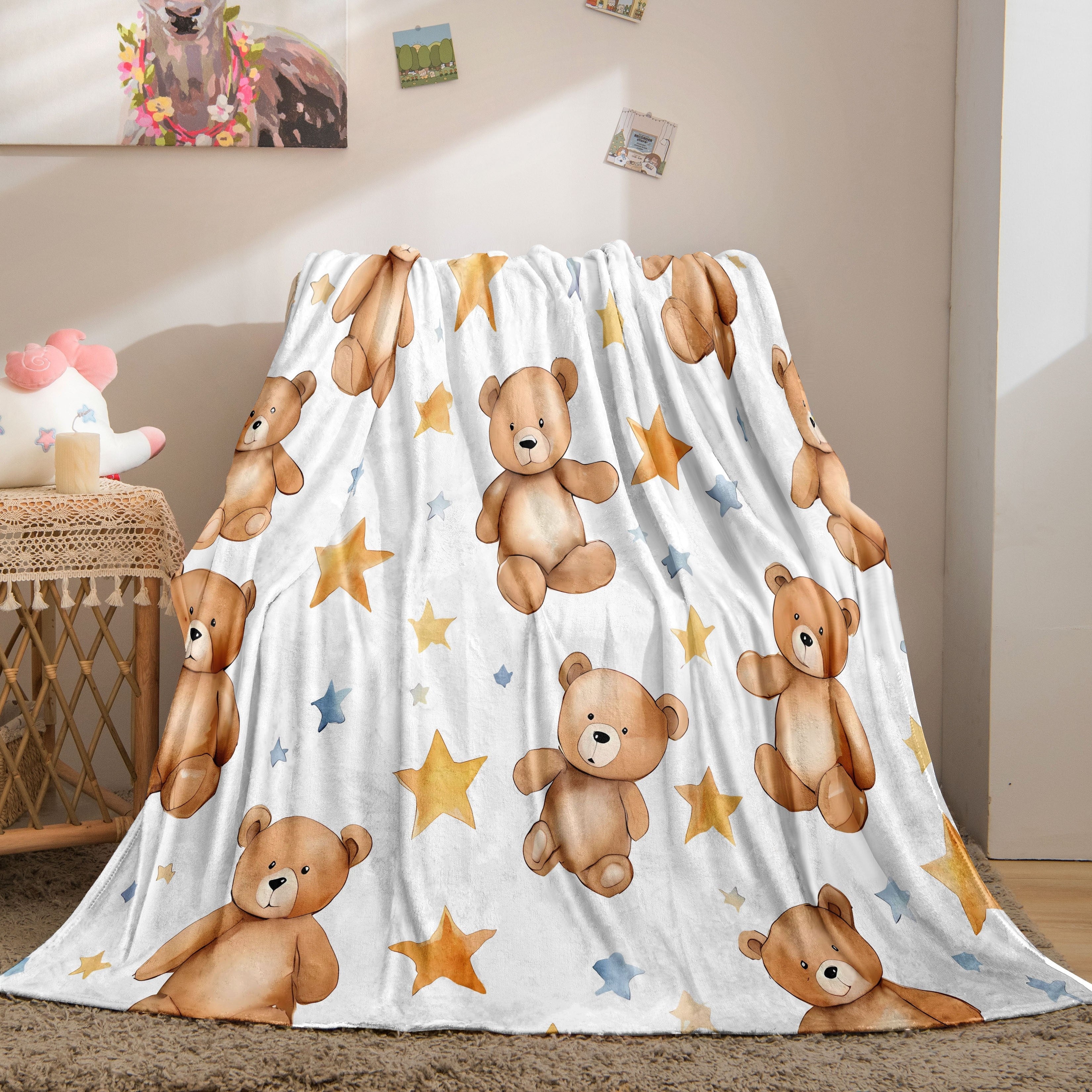 Cartoon Bear Printed Flannel Fleece Throw Blanket Soft Cozy All-Season Gift