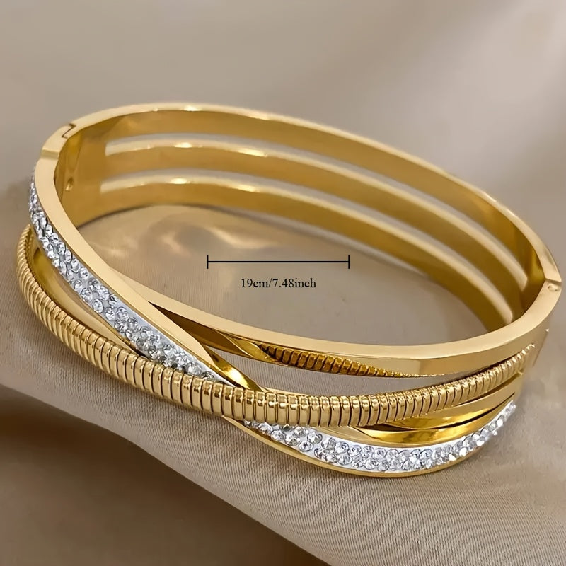 Gold Plated Stainless Steel Triple Strand Bracelet with Cubic Zirconia