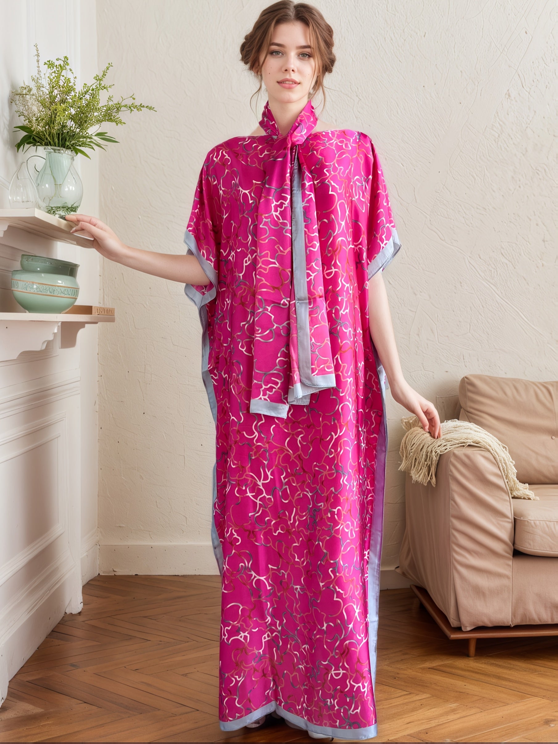 Plus Size Women's Pink Geometric Print Abaya With Headscarf Loose Fit Dress