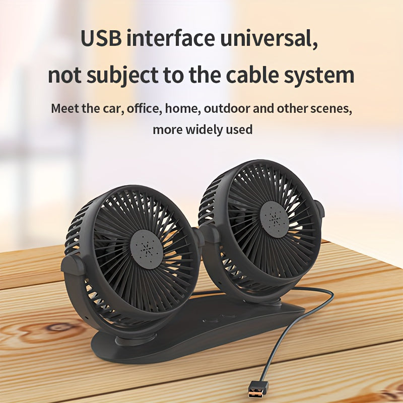 Dual-Head USB Car Fan with 3-Speed, Aromatherapy Cover, Multi-Angle Rotation