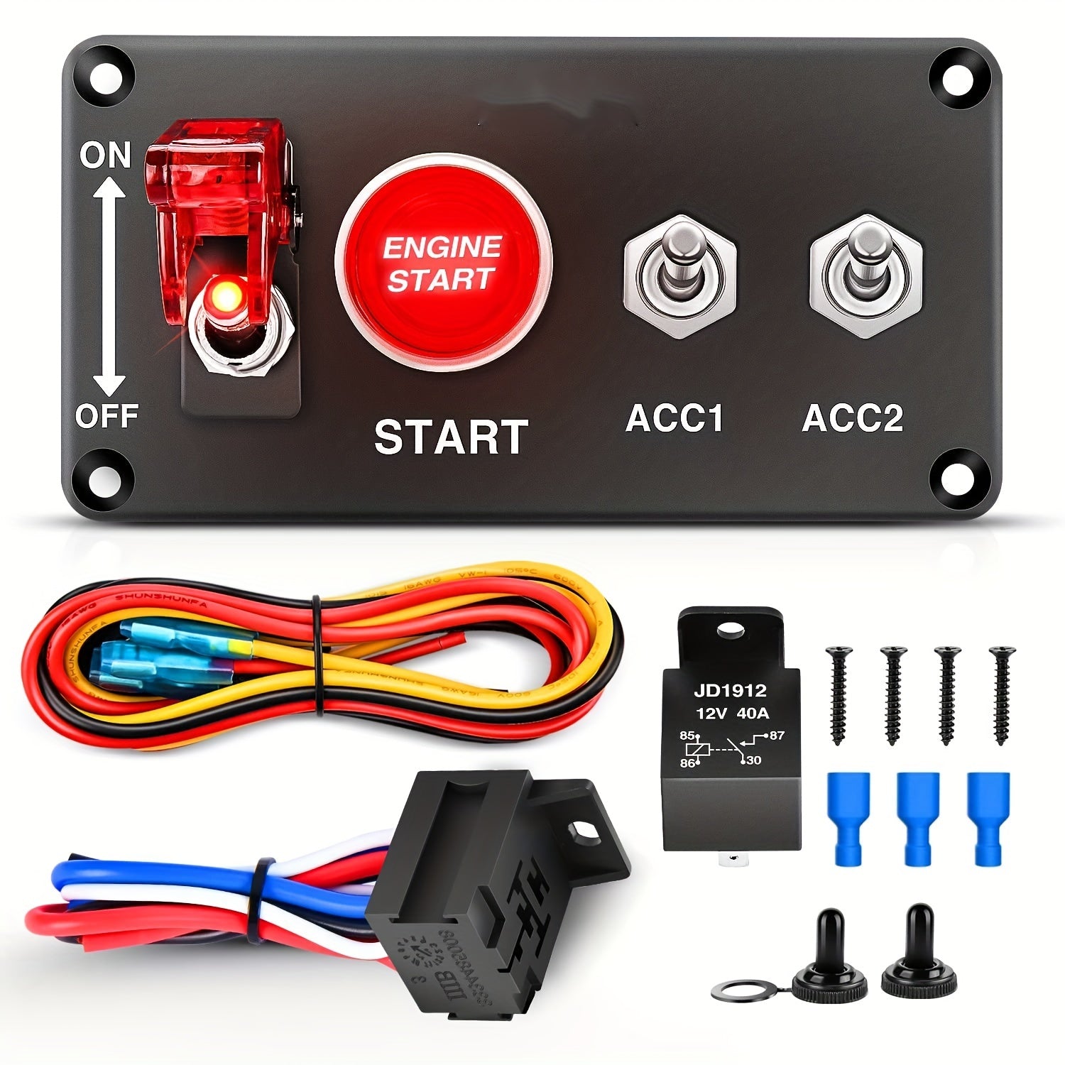 12V Push Start Ignition Kit with Red Button, Relay Harness, Aluminum For RVs Trucks Boats