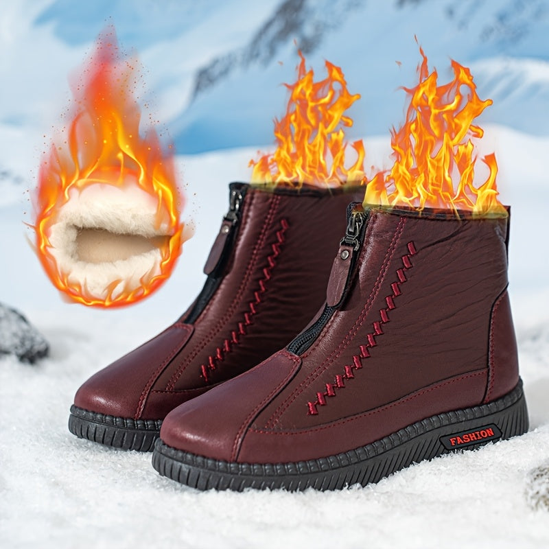 Women’s Fleece-Lined Slip-On Winter Boots with Zipper, Flat Sole in Burgundy Black White