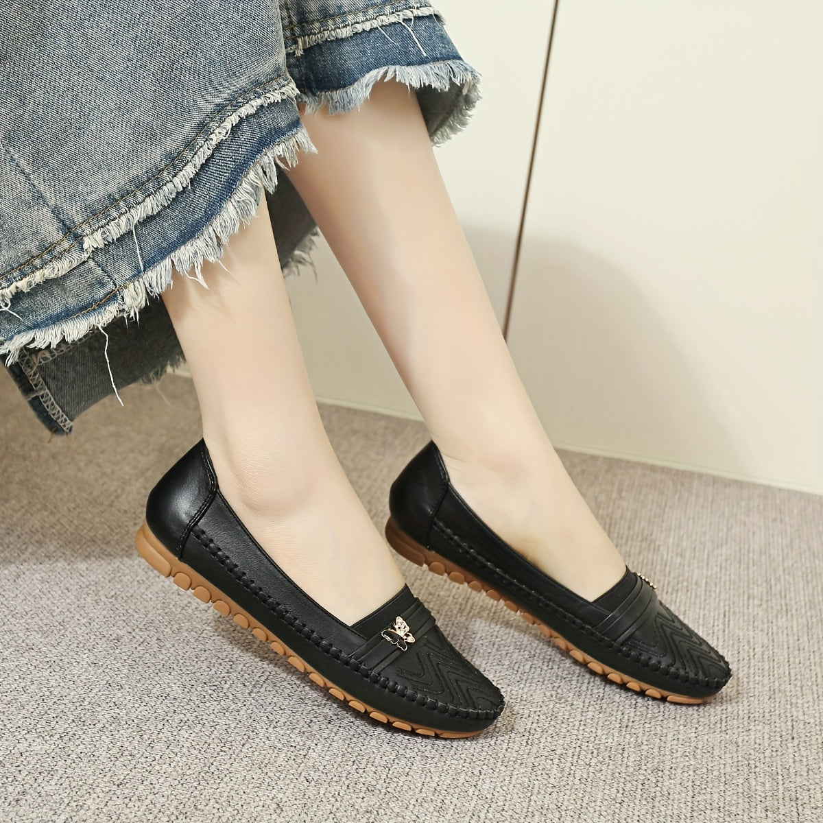 Women's Leather Slip-On Loafers with Non-Slip Sole and Soft Cover