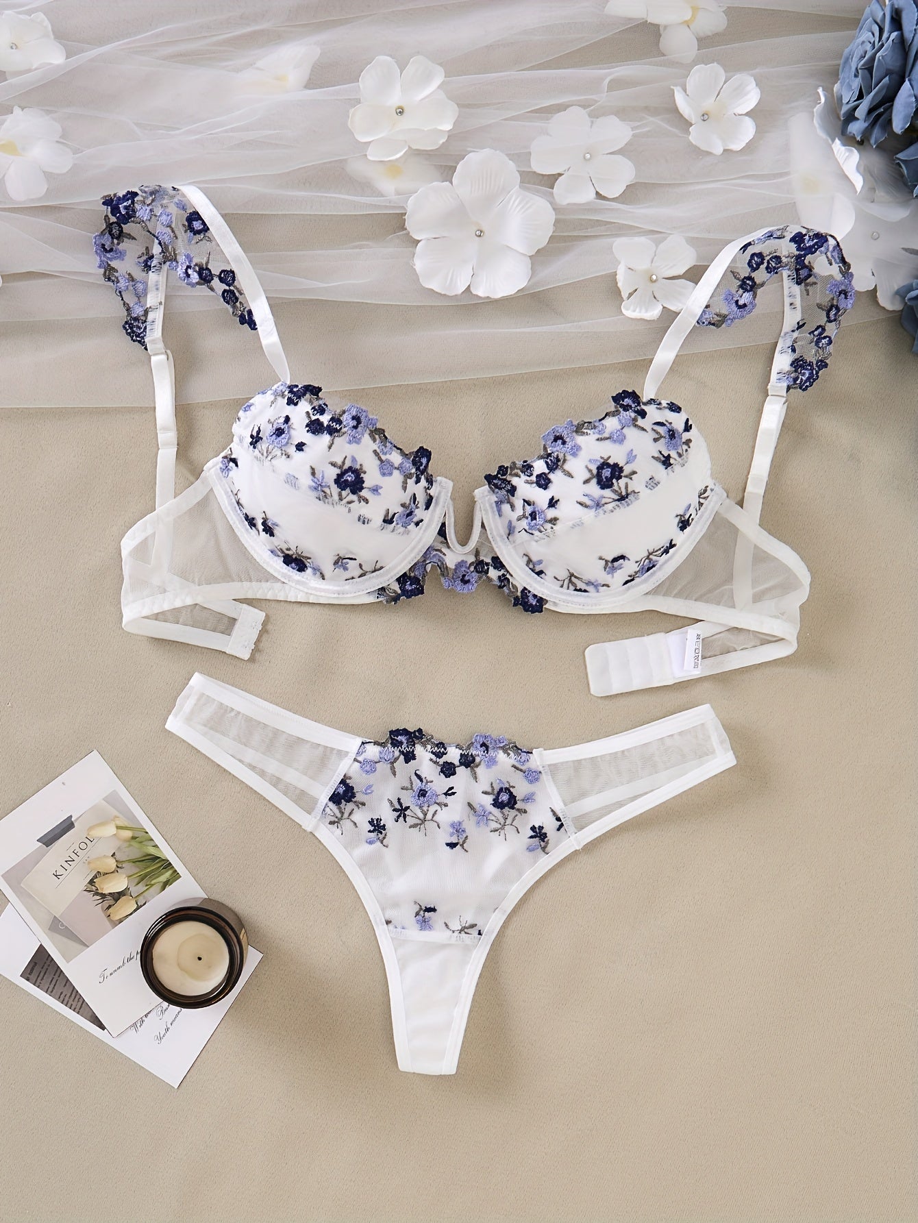 Women's Floral Embroidered Cami Bra and Panties Set Elegant Lingerie