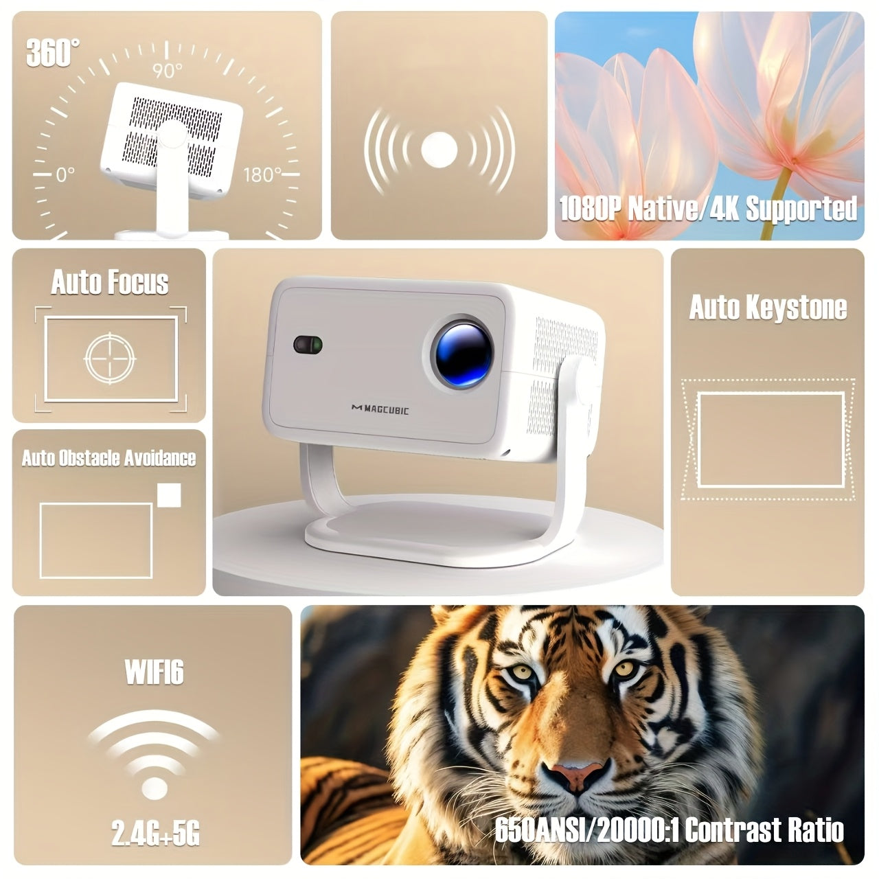 Portable 4K Android 11 Projector with Wi-Fi 6 1080P 650ANSI 360° Correction