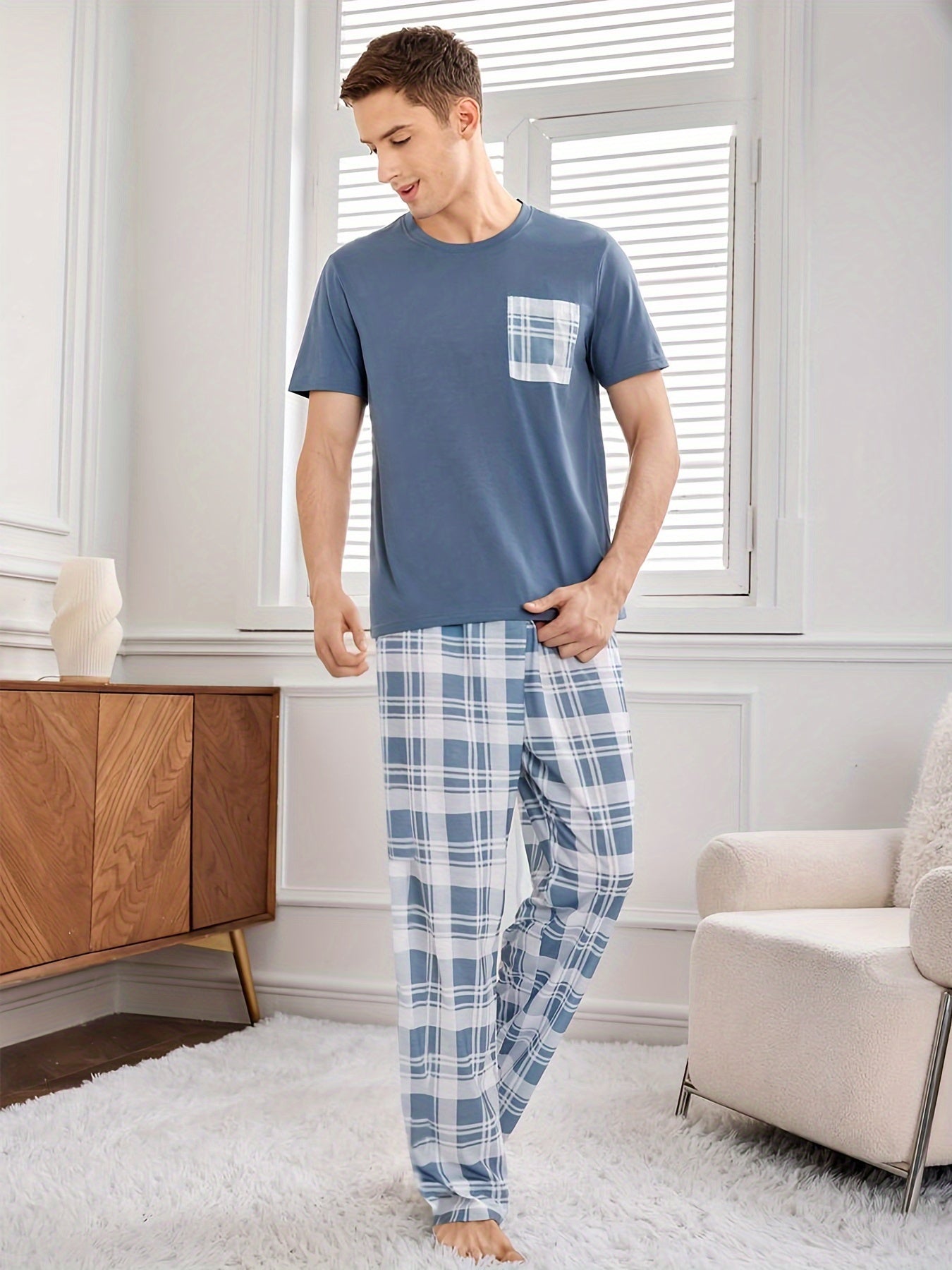 Men's Blue Short Sleeve Pajama Set with Pocket Plaid Pattern All-Season Polyester Regular Fit