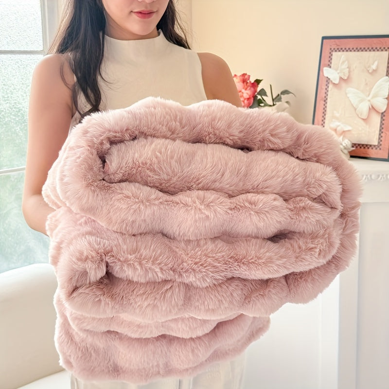 Faux Rabbit Fur Throw Blanket White Geometric Snuggle Cozy Sofa Bed