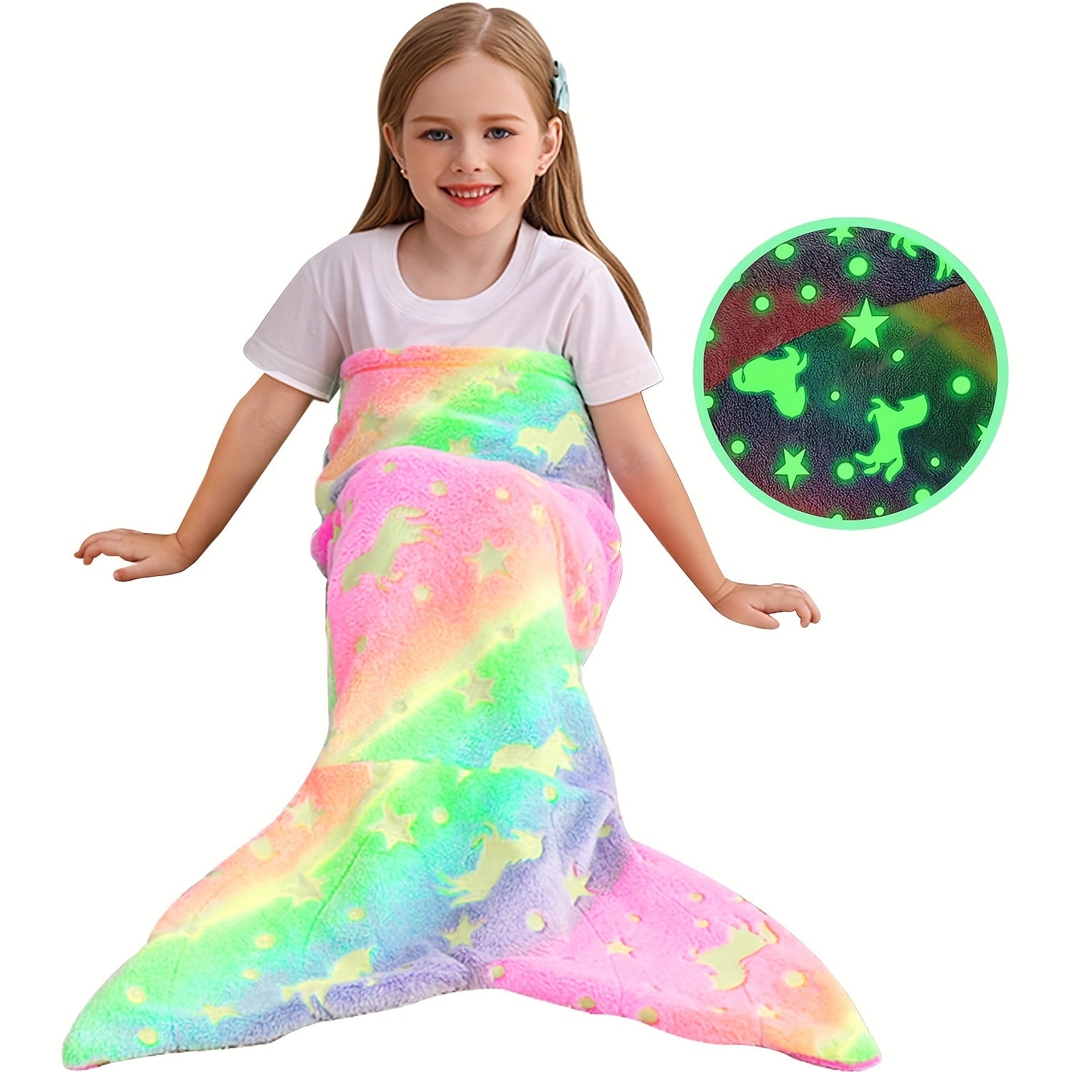 Kids Girls Rainbow Unicorn Mermaid Tail Blanket Flannel Glow-in-the-Dark Cozy