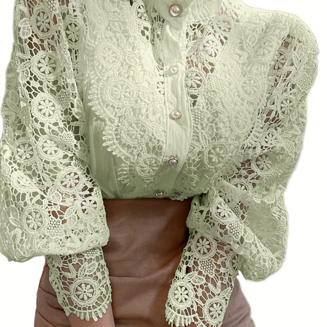 Victorian Lace Blouse for Women with Pearl Buttons Floral Pattern Long Sleeve Woven Cotton Polyester Top