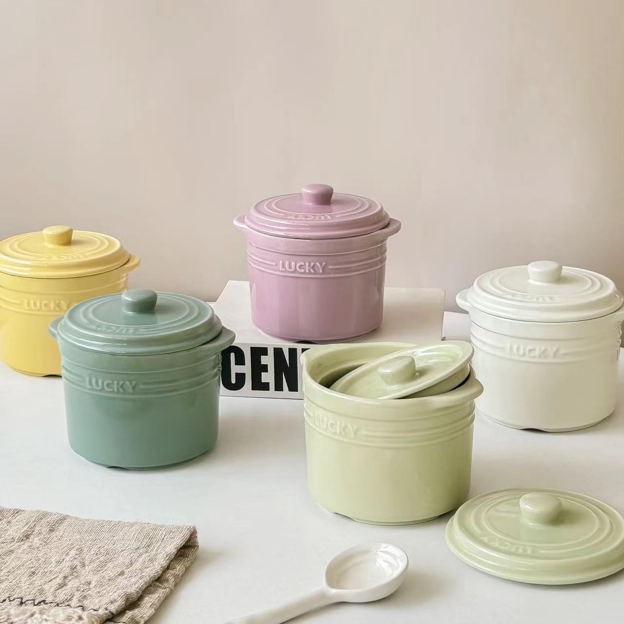 Ceramic Soup Pot with Double Lids for Home Use Egg Steamer and Stew Bowl