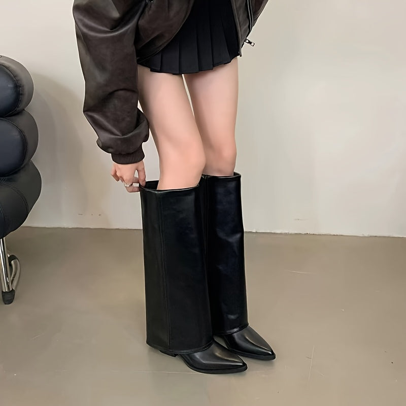 Women Knee-High Boots Solid Color Pointed Toe Block Heel