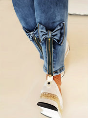 Women's Plus Size Denim Jeans With Bowknot Zipper Detail