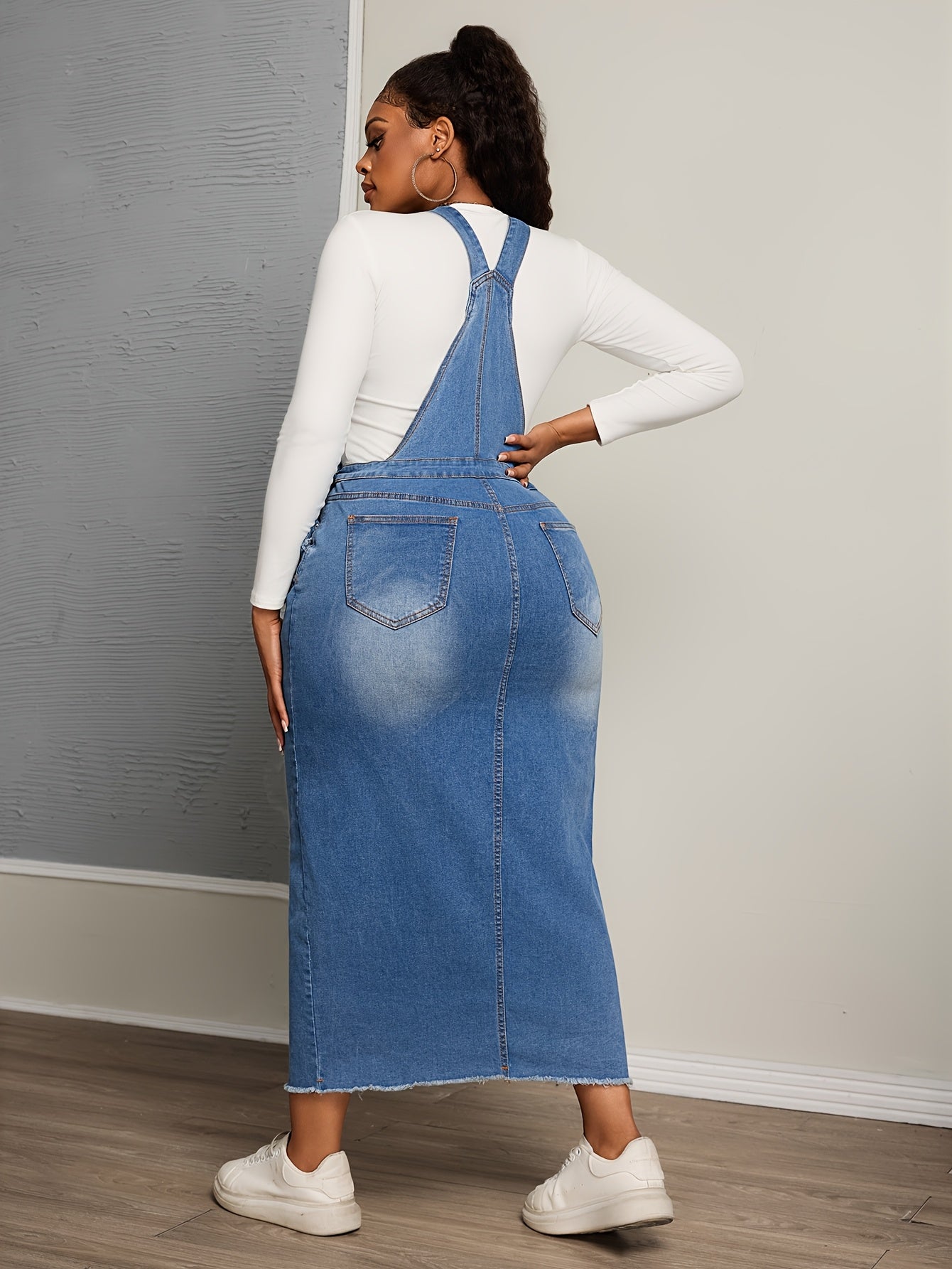 Women's Plus Size Denim Overall Dress with Frayed Hem Casual Autumn Wear