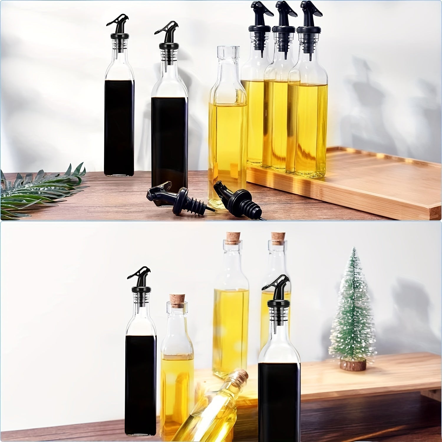 Set of 4 Oil and Vinegar Bottles with Bamboo Rack, 500ml Glass Canisters