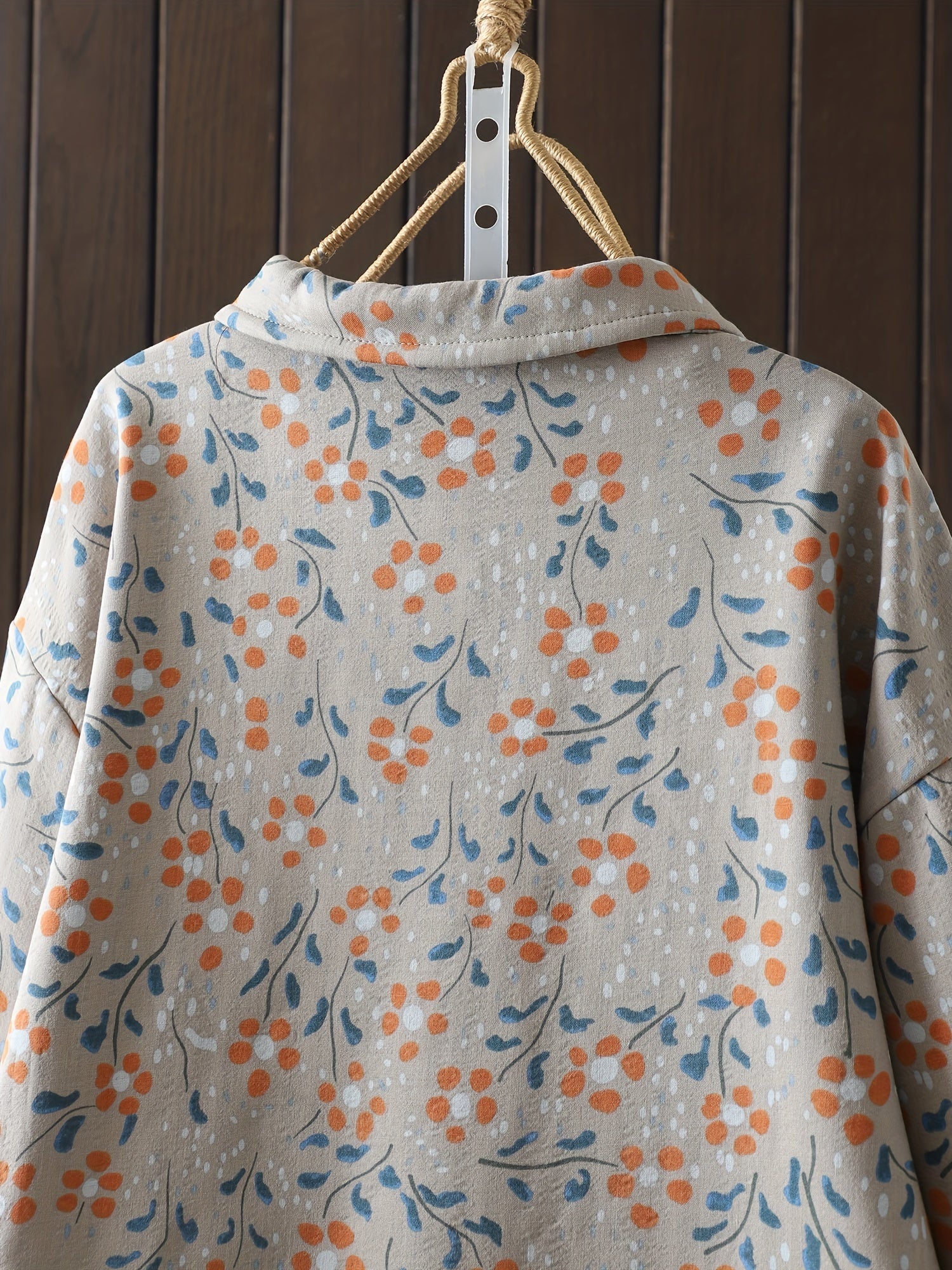 Plus Size Floral Print Woven Shirt with Stand-Up Collar and Chinese-Style Placket for Fall and Winter