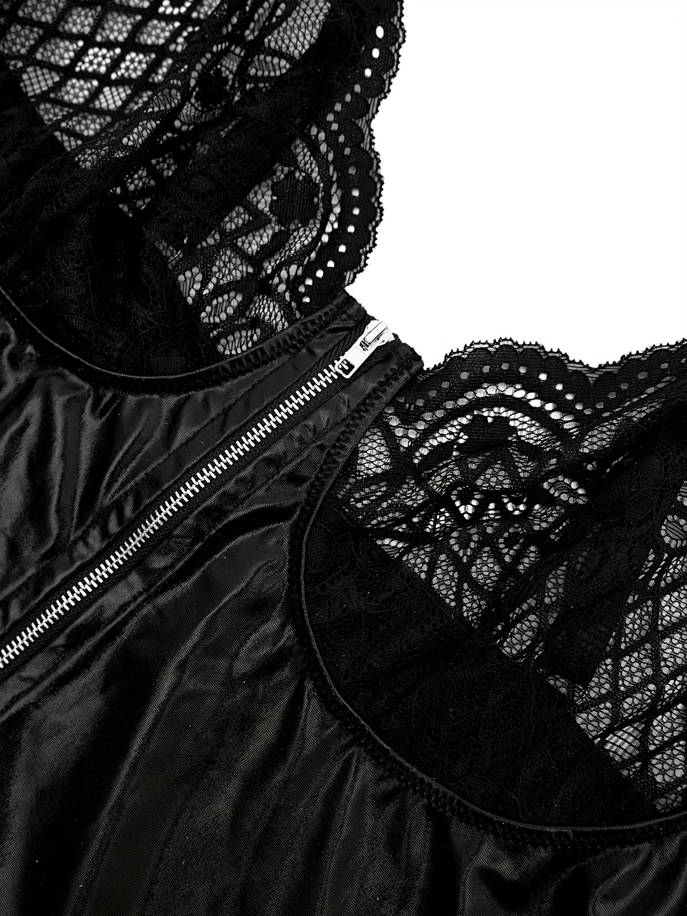 Women's Lace-Trimmed PU Slip Dress and Thong Set Semi-Sheer Stretchy Polyester