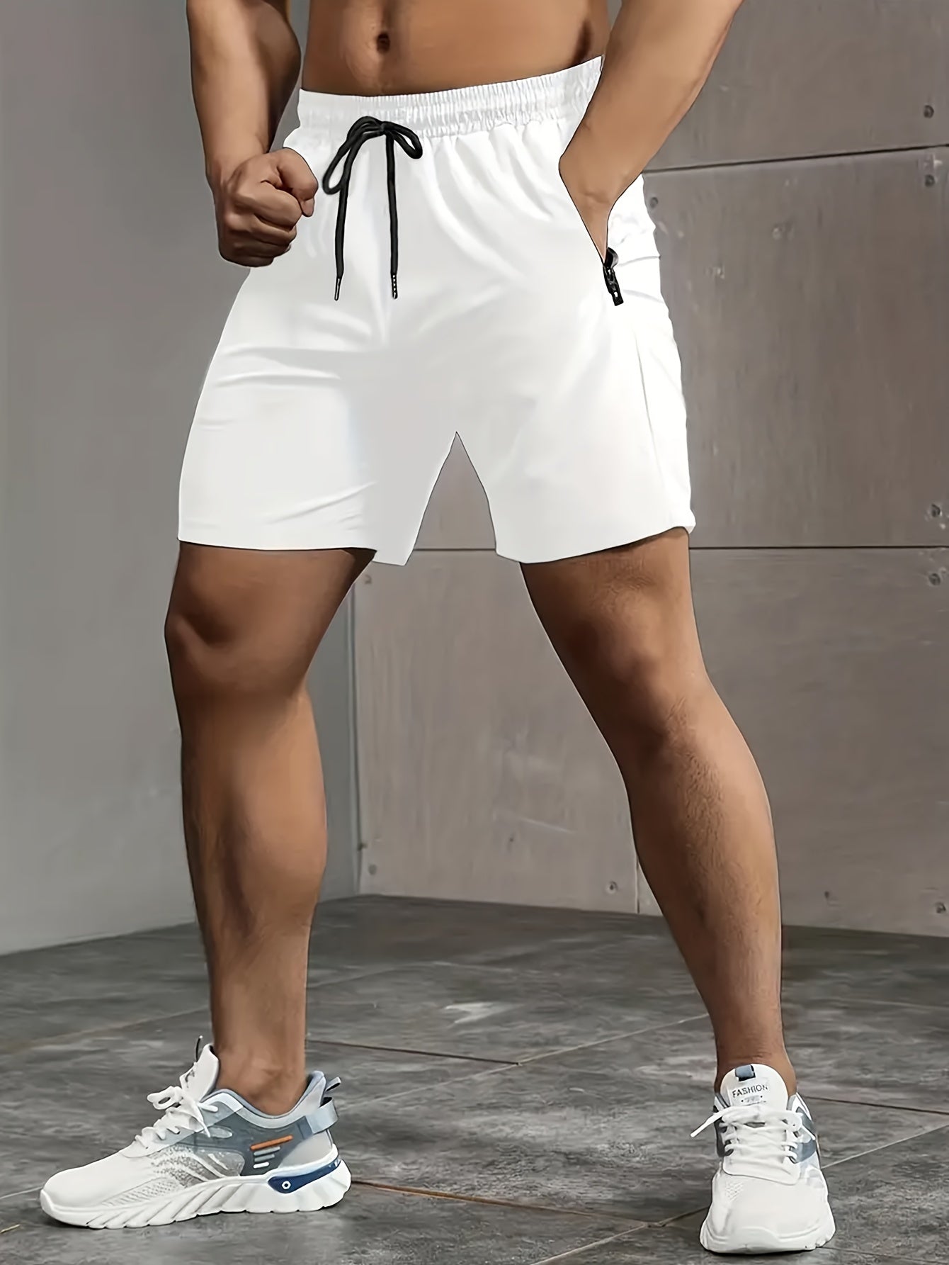 Men's Polyester Shorts with Zipper Pockets Elastic Waist Drawstring Summer Fitness