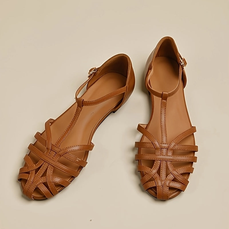 Women’s Beige Synthetic Roman Sandals with Flat Heel and Crisscross Straps