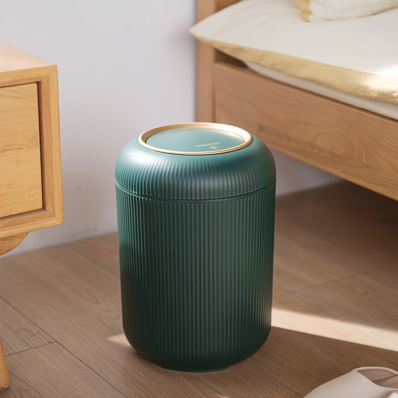 Large Capacity White and Gold Plastic Trash Can with Lid and Round Design