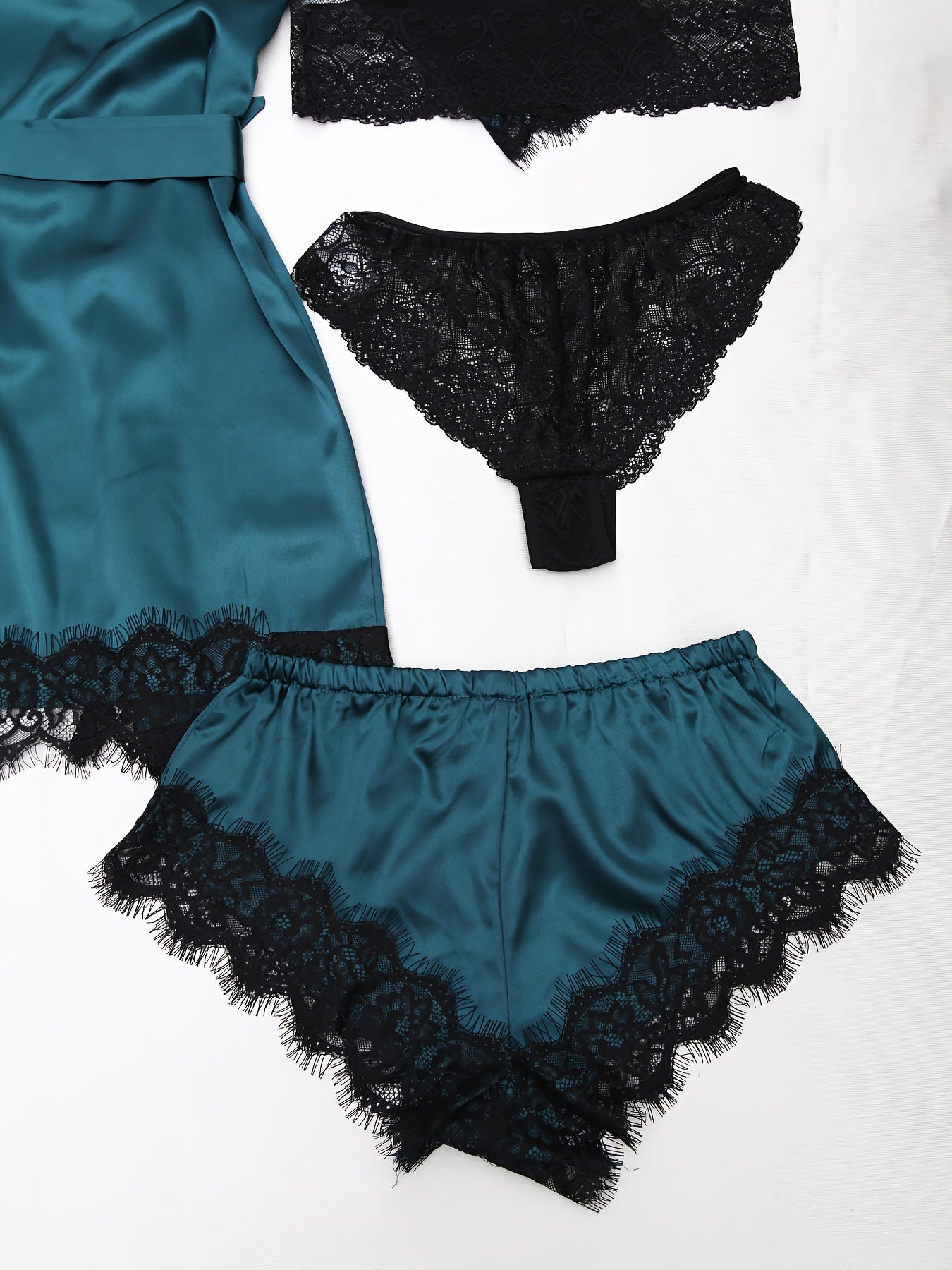 Women's Satin Pajama Set with Lace Detail 5-Piece Sleepwear with Belt in Multiple Colors