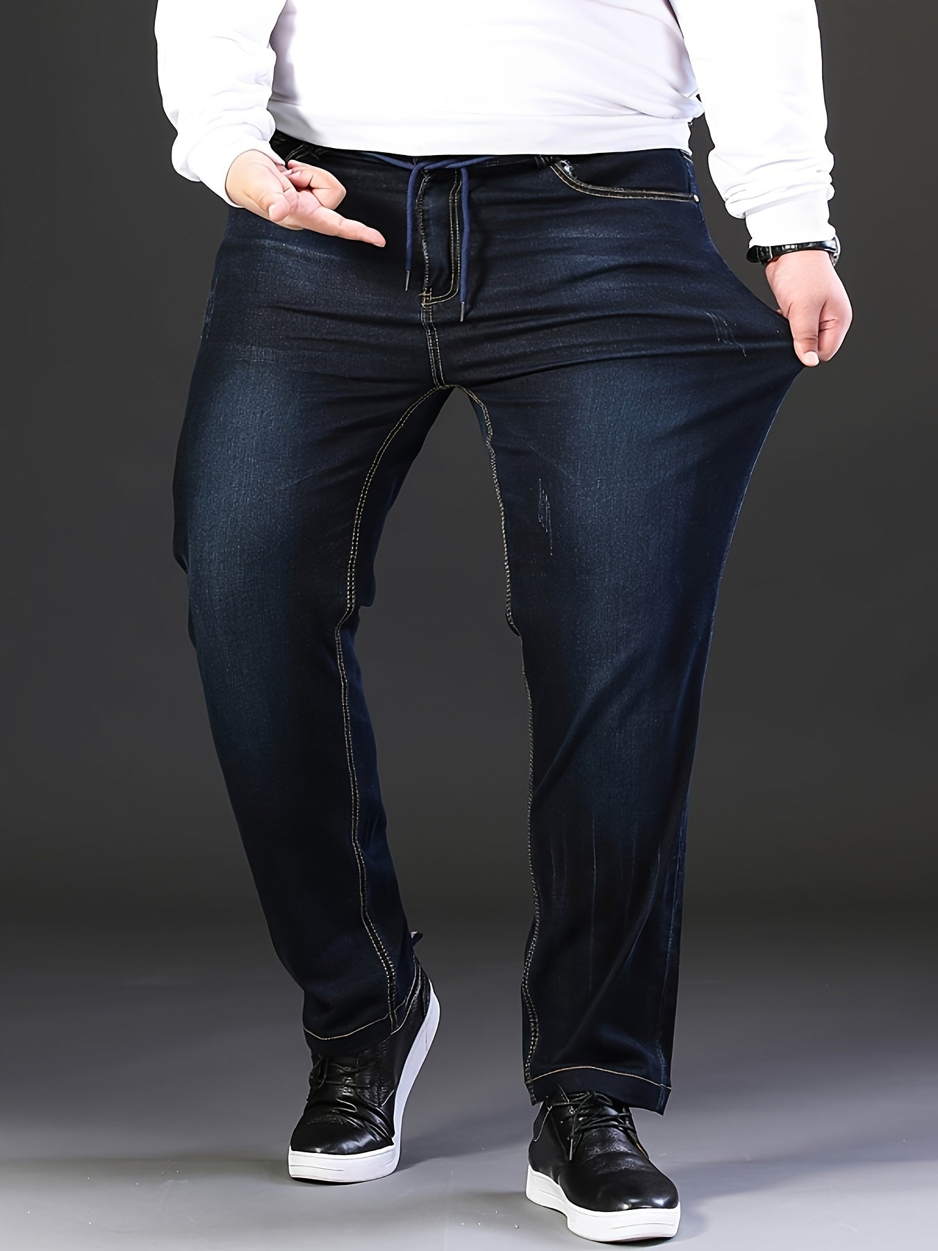 Men's Plus Size Stretchy Ribbed Elastic Waist Jeans for Business Casual