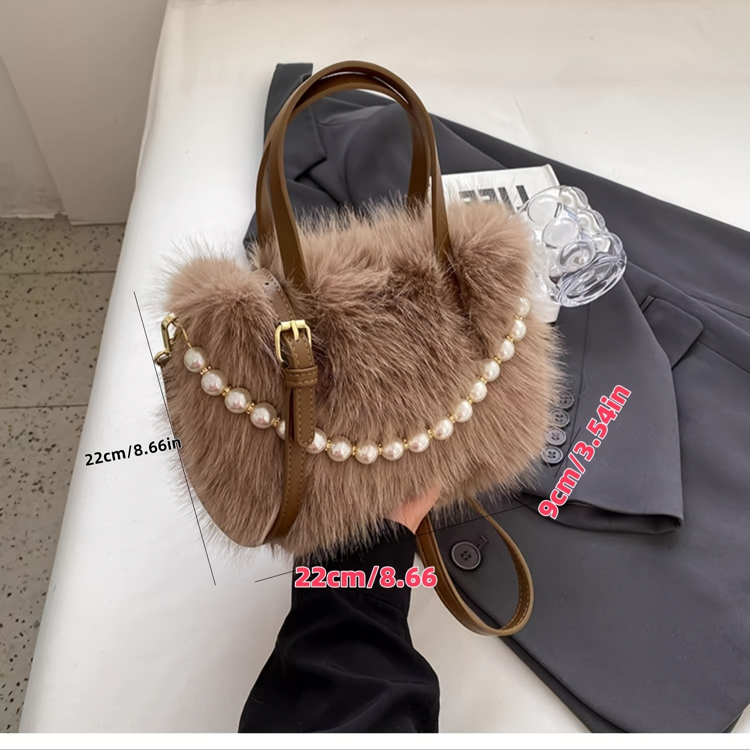 Faux Fur Crossbody Bag for Women with Pearl Accents in Pink Black White Khaki Coffee