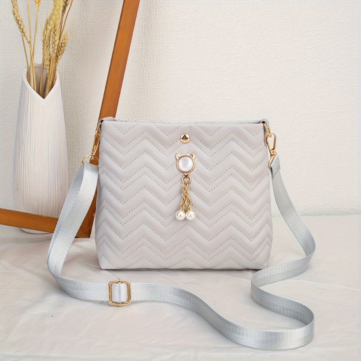 Quilted Crossbody Bag with Adjustable Strap Faux Pearl Embellishment Chevron Pattern in Khaki White Pink Black