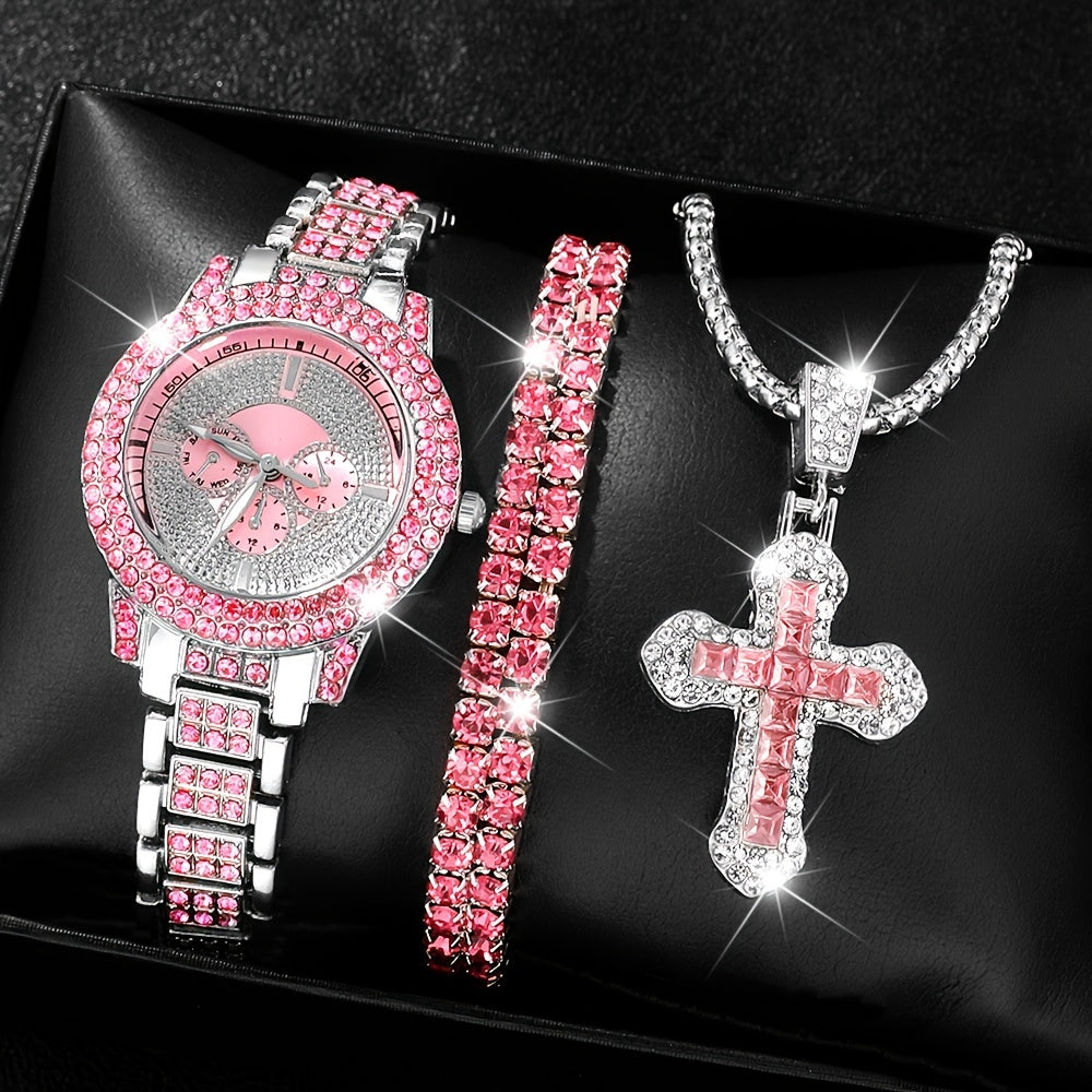 Women's Jewelry Set Quartz Watch Cross Pendant Necklace Bracelet Gift for Mom Girlfriend
