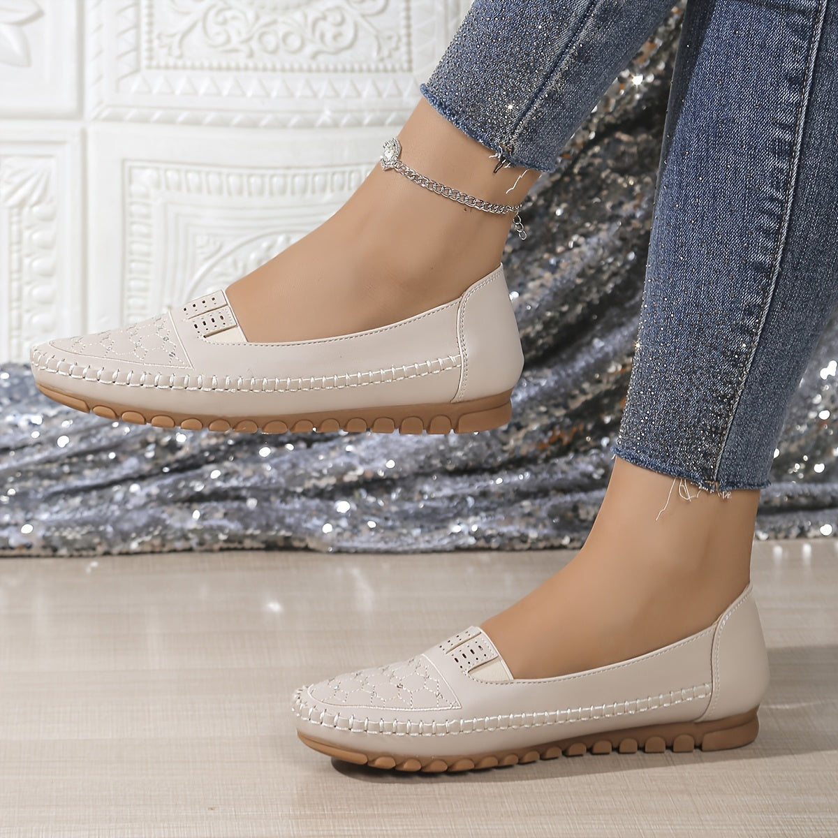 Women's Slip-On Loafers Faux Cover Shoes Comfortable TPR Sole Black White