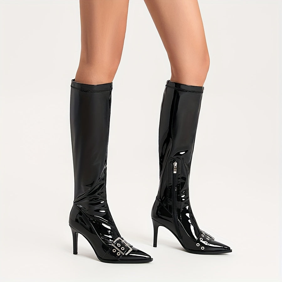 Women's Knee-High Patent Leather Stiletto Boots with Zipper and Buckle
