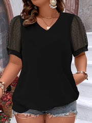 Plus Size V-Neck T-Shirt Women Lace Detail Breathable Mesh Short Sleeve Casual