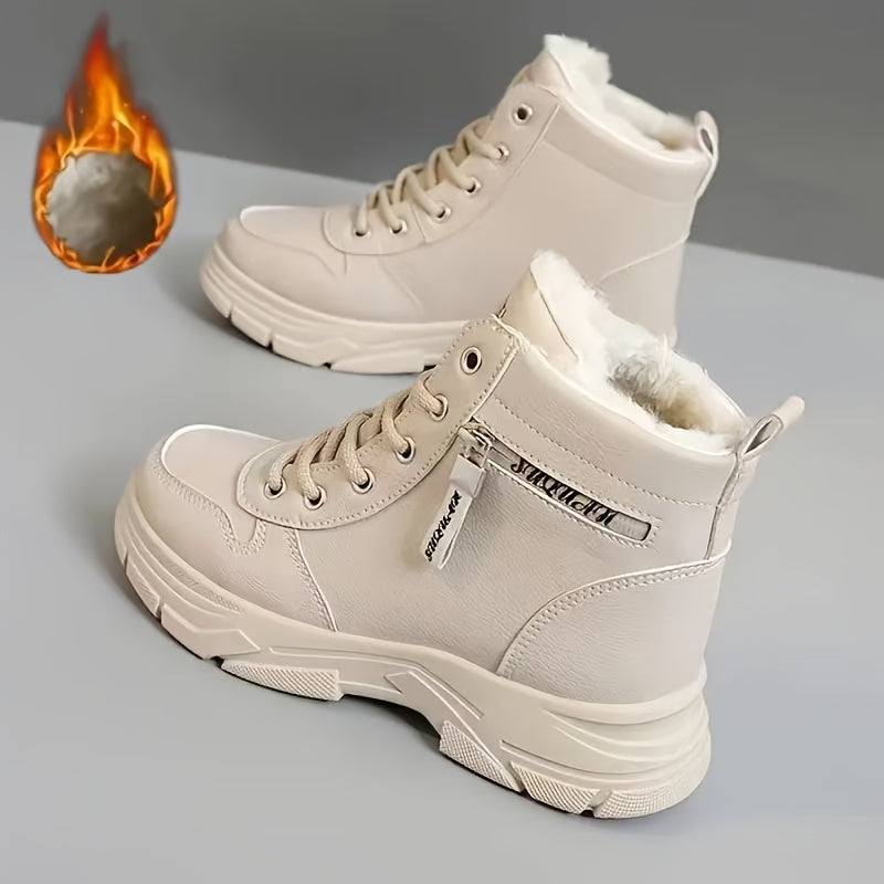 Women's Fleece-Lined Ankle Boots Beige Synthetic Casual Cold Weather
