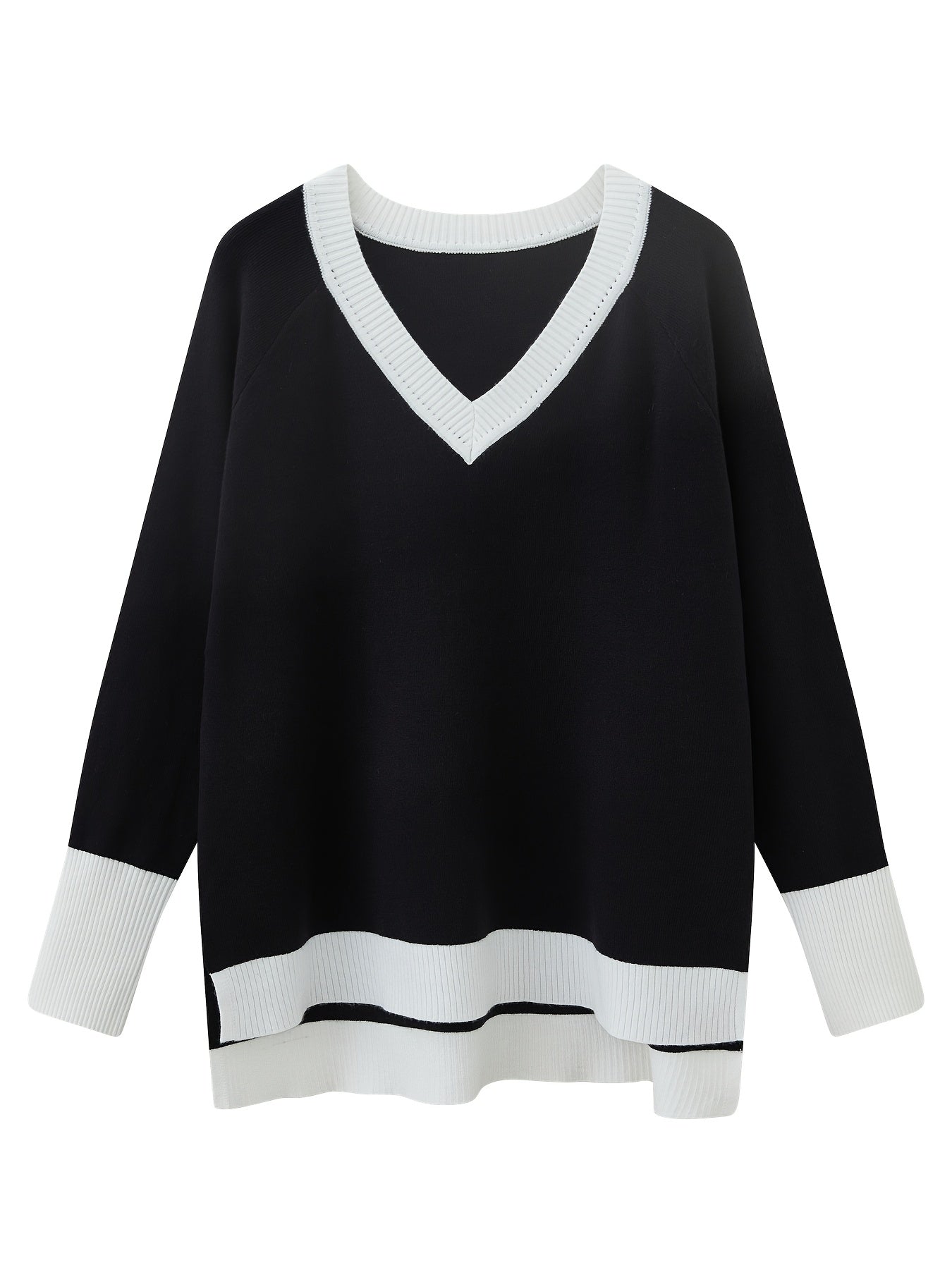 Viscose Knit Women's Two-Piece Outfit Color Block V-Neck Sweater and Trousers