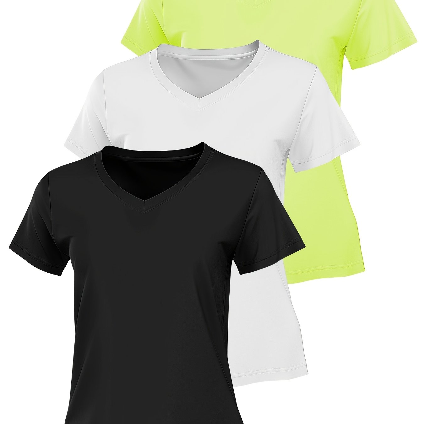 Plus Size Women's V-Neck Yoga T-Shirts Breathable Summer Short Sleeve Set in Lime Green White Black