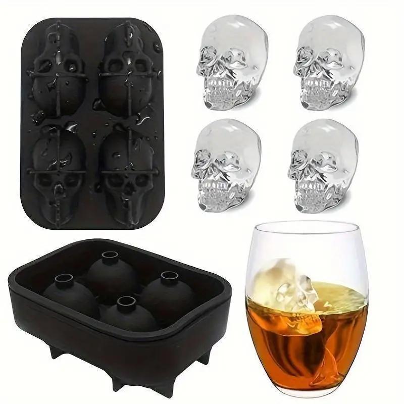 Silicone Skull Ice Cube Mold 4-Cavity Black Tray for Whiskey and Spirits